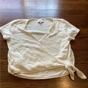 Madewell 100% Cotton Cream Short Sleeve Faux Wrap Blouse